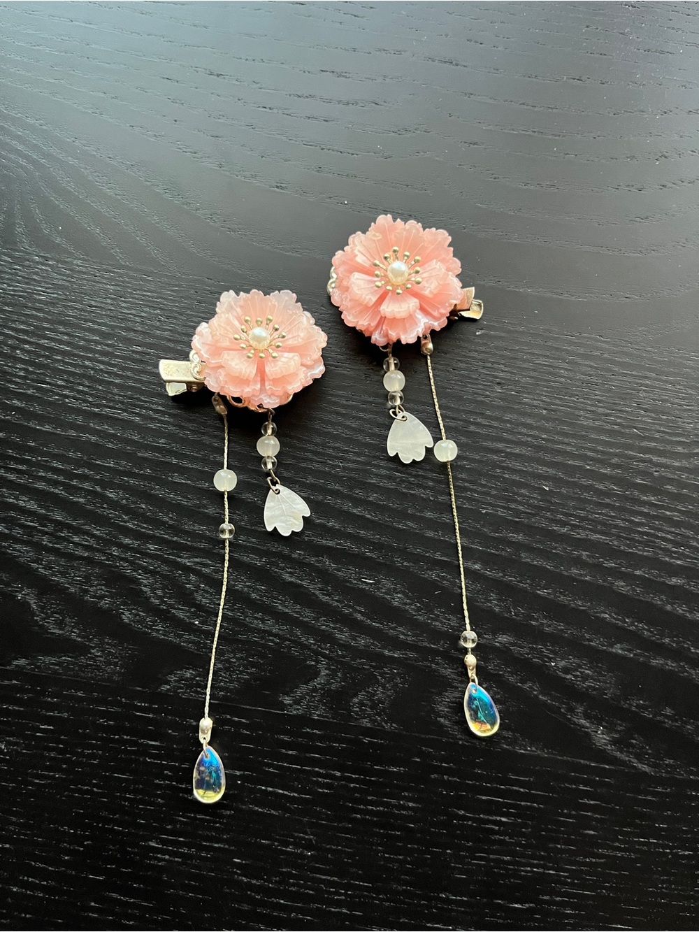Pink Floral Tassel Hair Clips with Pearl and Teardrop Charms 2pc Set - Picture 14 of 15